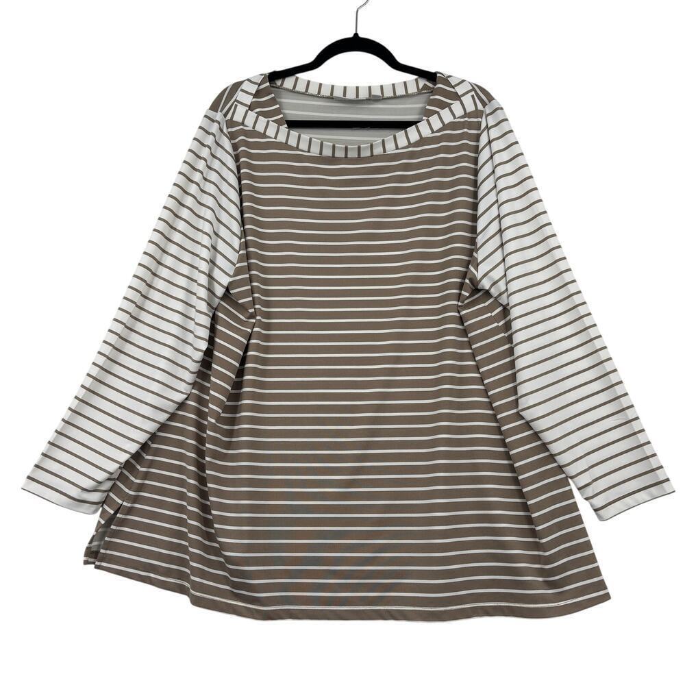 Susan Graver Top Size 3X Beige White Stripe Butterknit Bateau Neck Long Sleeve